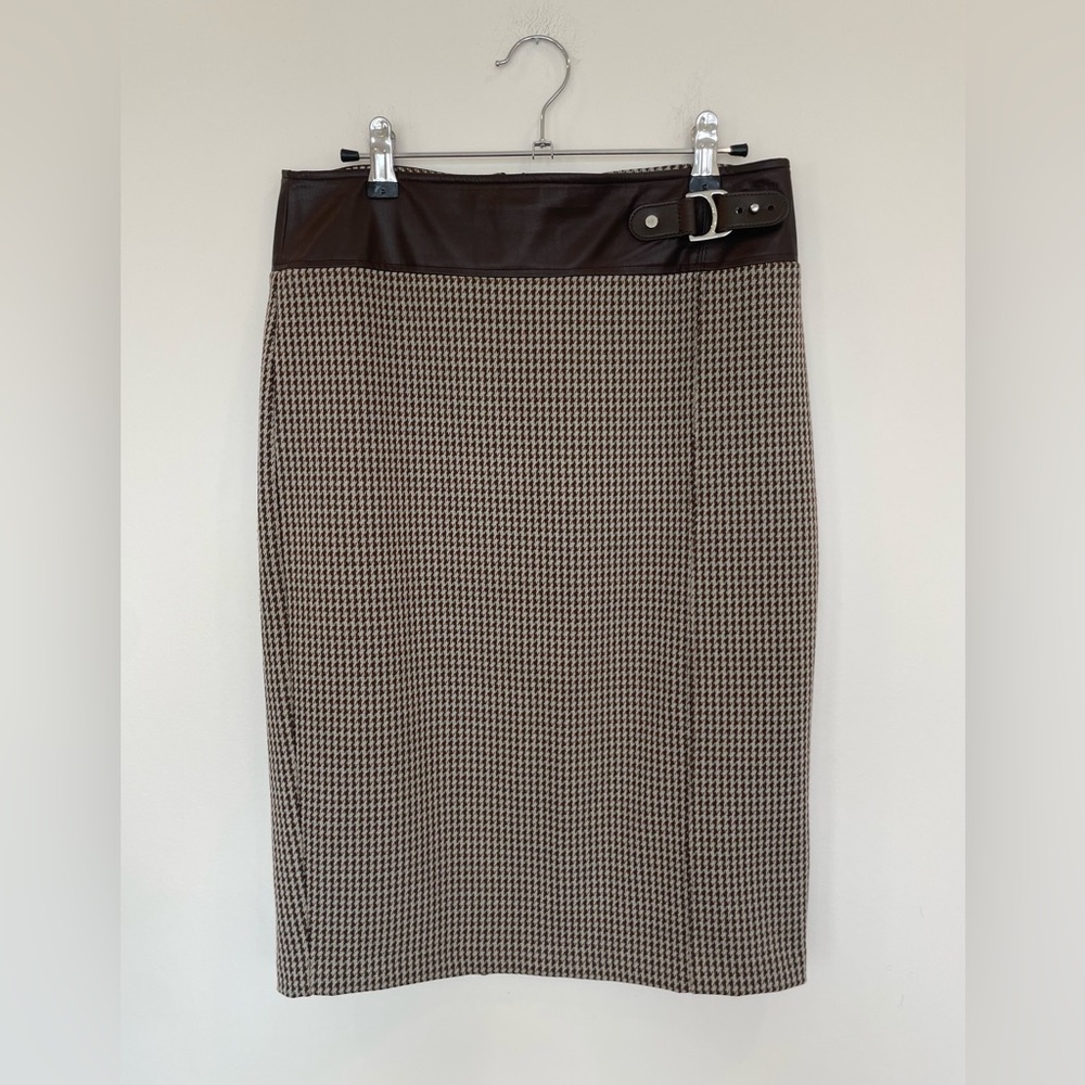Ralph Lauren Brown Houndstooth Pencil Skirt Faux Leather Belt Equestrian Preppy